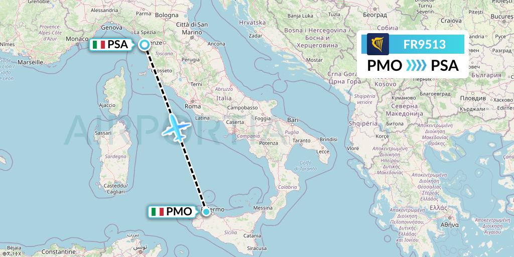 FR9513 Ryanair Flight Map: Palermo to Pisa