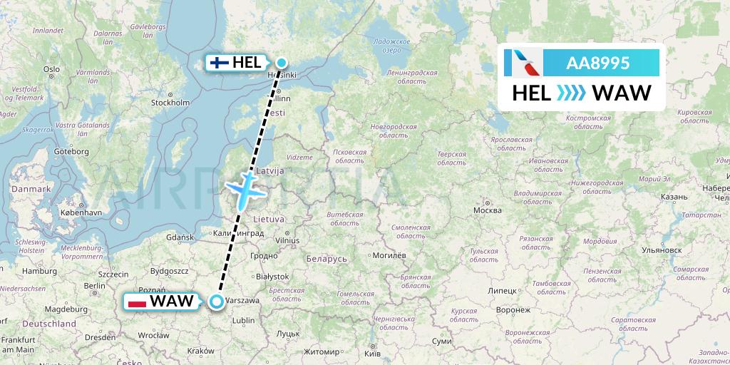 AA8995 American Airlines Flight Map: Helsinki to Warsaw