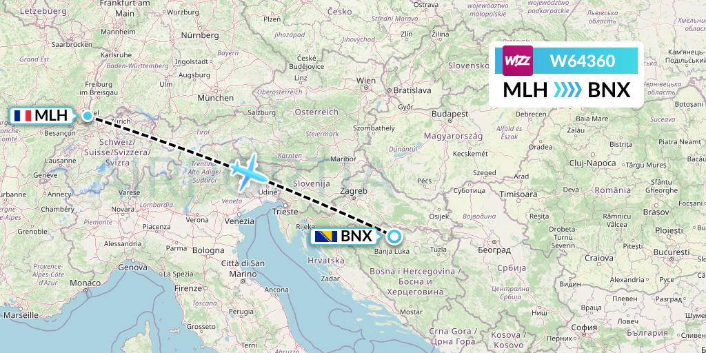 W64360 Wizz Air Flight Map: Basel Mulhouse Freiburg to Banja Luka