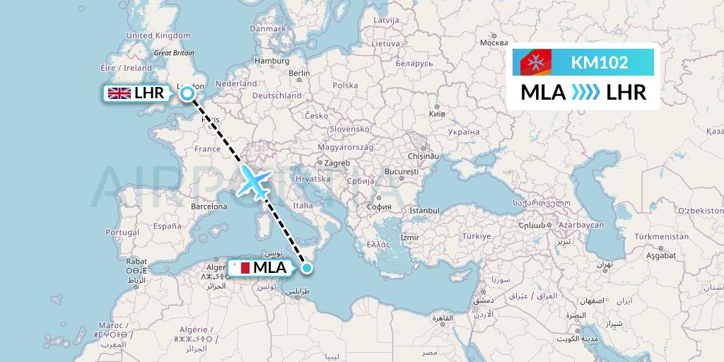 KM102 Air Malta Flight Map: Malta to London