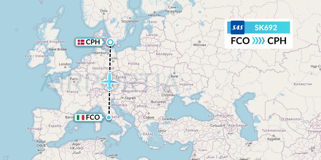 SK692 SAS Flight Map: Rome to Copenhagen