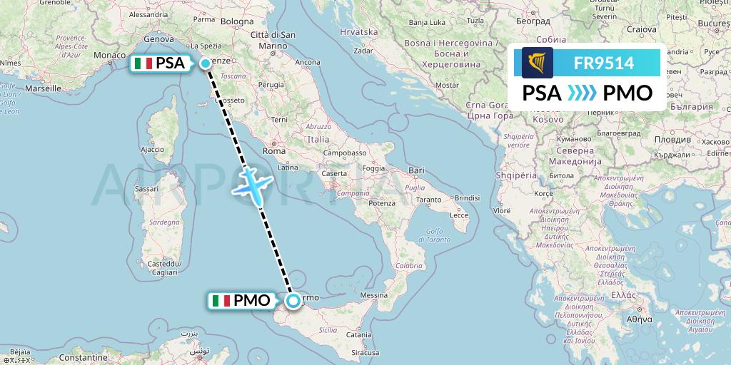 FR9514 Ryanair Flight Map: Pisa to Palermo