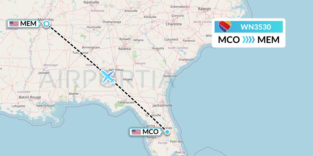 WN3530 Southwest Airlines Flight Map: Orlando to Memphis