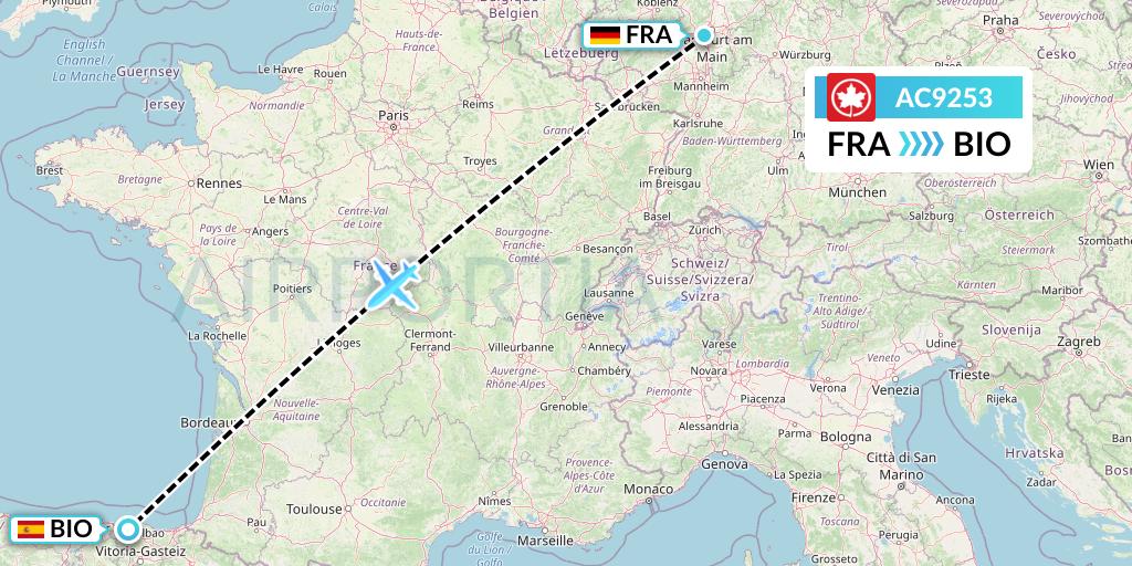 AC9253 Air Canada Flight Map: Frankfurt to Bilbao