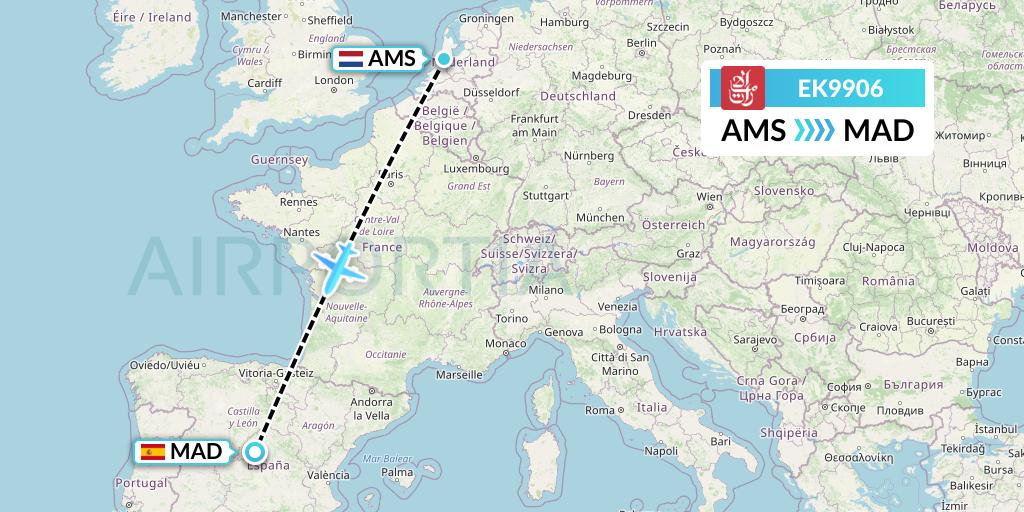 EK9906 Emirates Flight Map: Amsterdam to Madrid