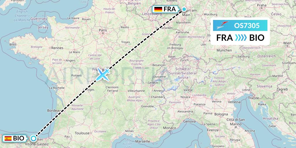 OS7305 Austrian Airlines Flight Map: Frankfurt to Bilbao