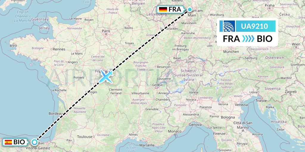 UA9210 United Airlines Flight Map: Frankfurt to Bilbao
