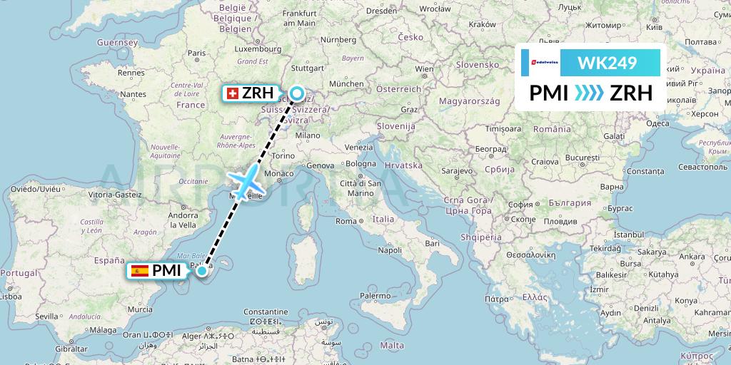 WK249 Edelweiss Air Flight Map: Palma de Mallorca to Zurich