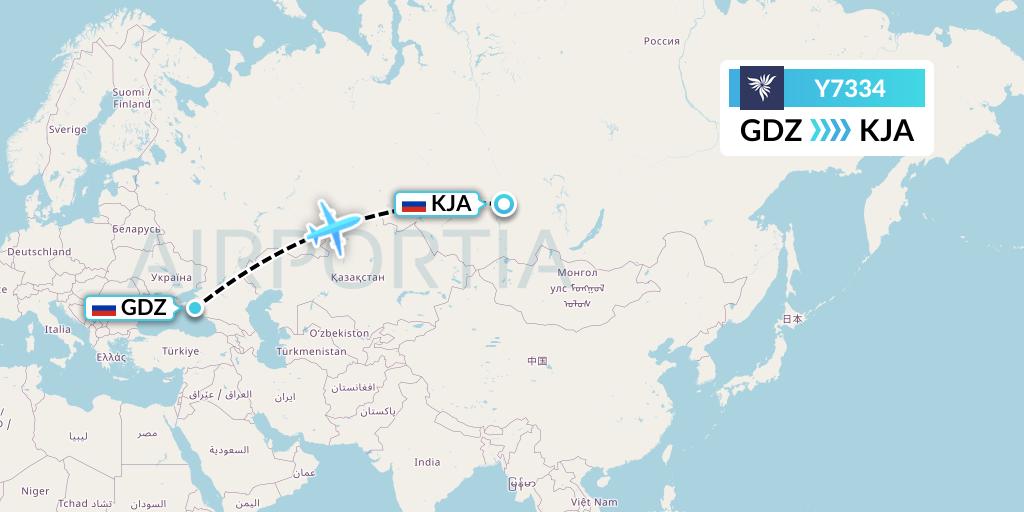 Y7334 NordStar Flight Map: Gelendzhik to Krasnoyarsk