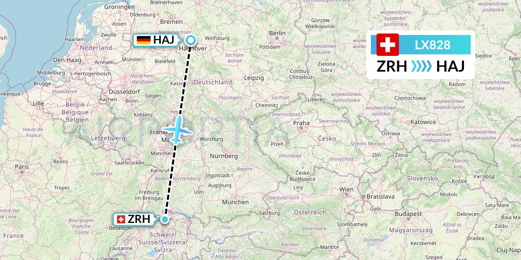 LX828 Swiss Flight Map: Zurich to Hannover