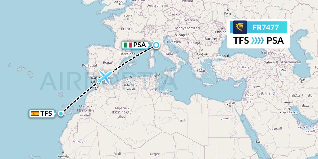 FR7477 Ryanair Flight Map: Tenerife to Pisa