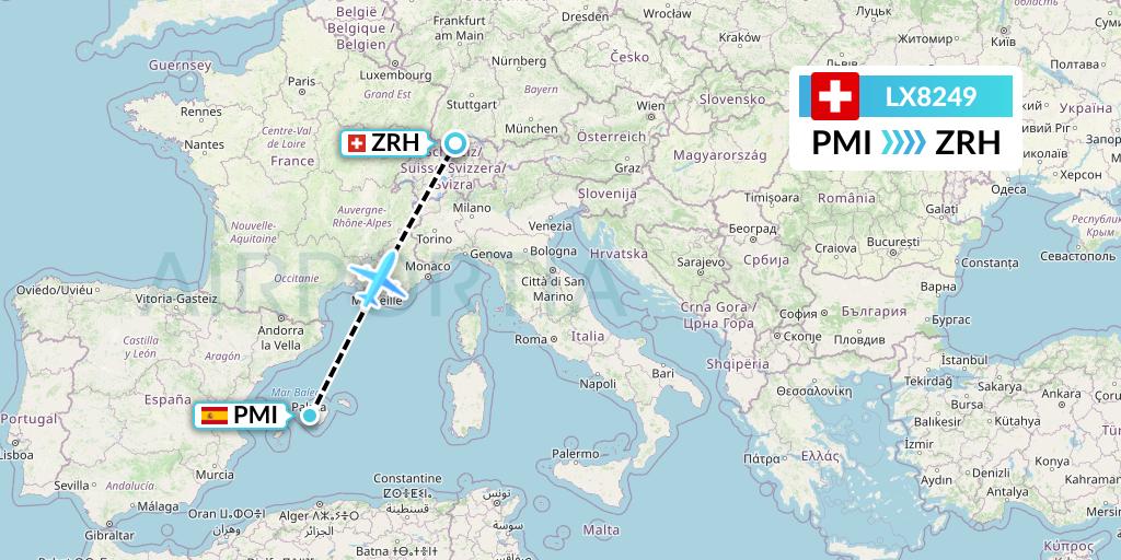 LX8249 Swiss Flight Map: Palma de Mallorca to Zurich