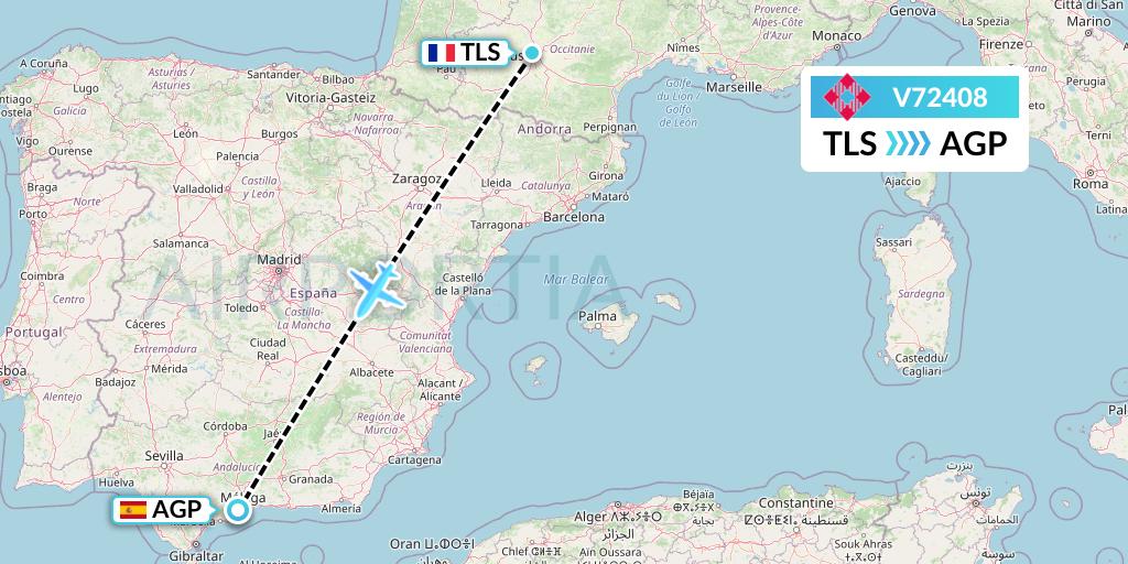 V72408 Volotea Flight Map: Toulouse to Malaga