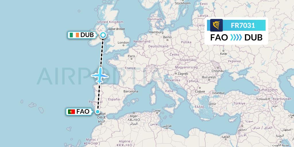 FR7031 Ryanair Flight Map: Faro to Dublin