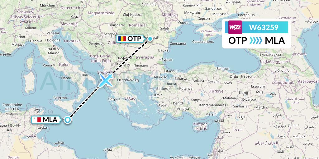 W63259 Wizz Air Flight Map: Bucharest to Malta