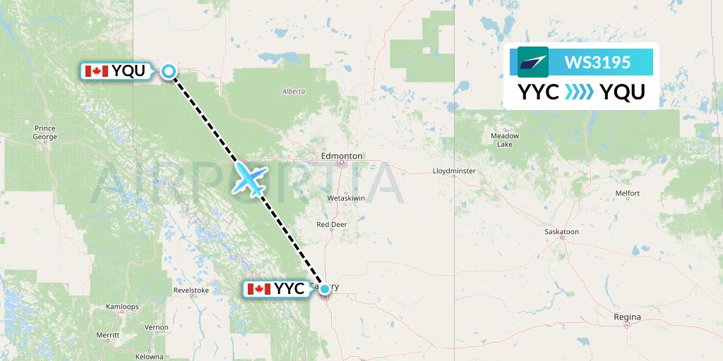 WS3195 WestJet Flight Map: Calgary to Grande Prairie