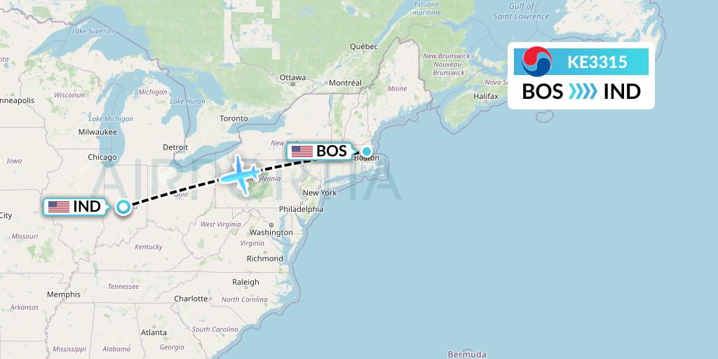 KE3315 Korean Air Flight Map: Boston to Indianapolis