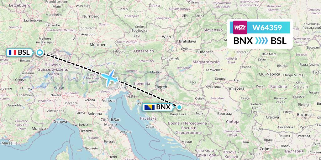 W64359 Wizz Air Flight Map: Banja Luka to Basel