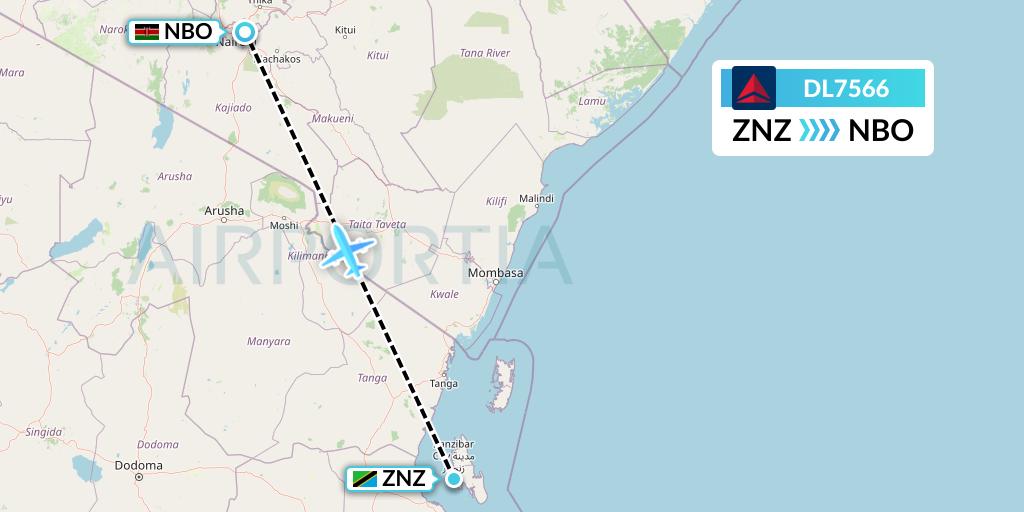 DL7566 Delta Air Lines Flight Map: Zanzibar to Nairobi