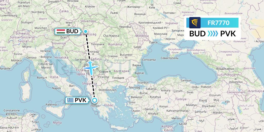 FR7770 Ryanair Flight Map: Budapest to Preveza