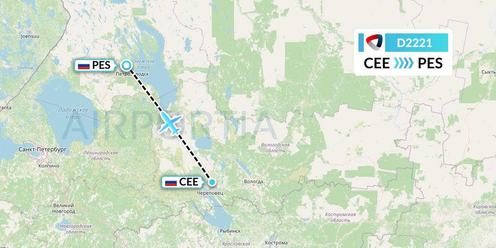 D2221 Severstal Aircompany Flight Map: Cherepovets to Petrozavodsk