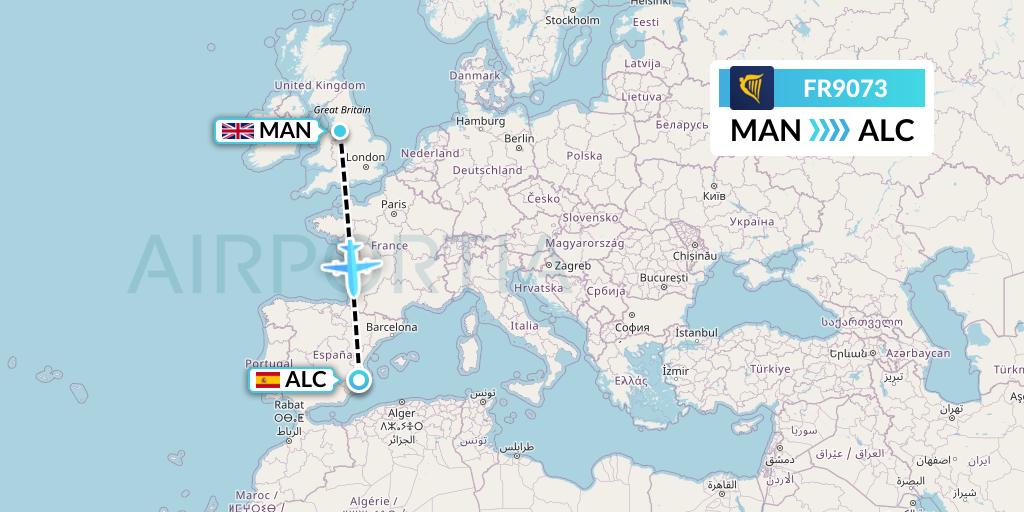 FR9073 Ryanair Flight Map: Manchester to Alicante