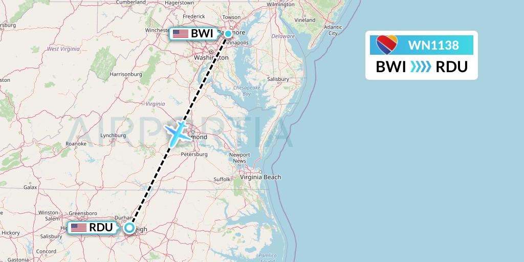 WN1138 Southwest Airlines Flight Map: Baltimore to Raleigh-Durham