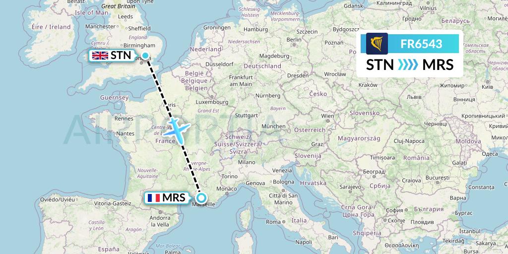 FR6543 Ryanair Flight Map: London to Marseille