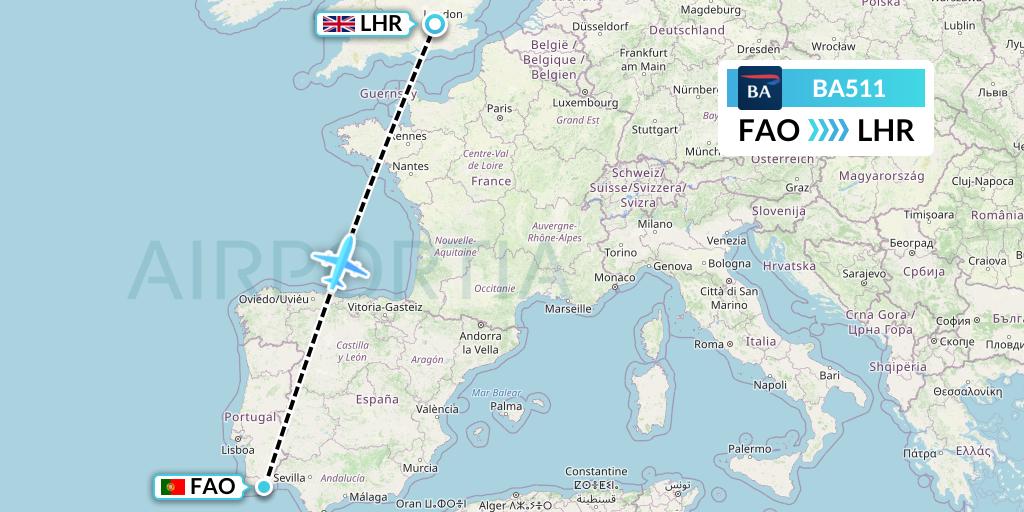 BA511 British Airways Flight Map: Faro to London