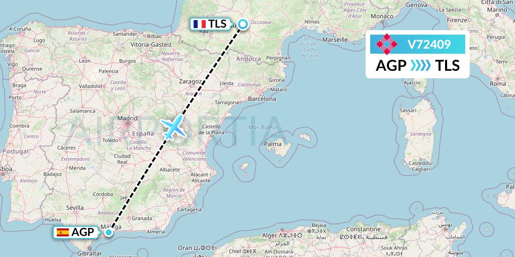 V72409 Volotea Flight Map: Malaga to Toulouse