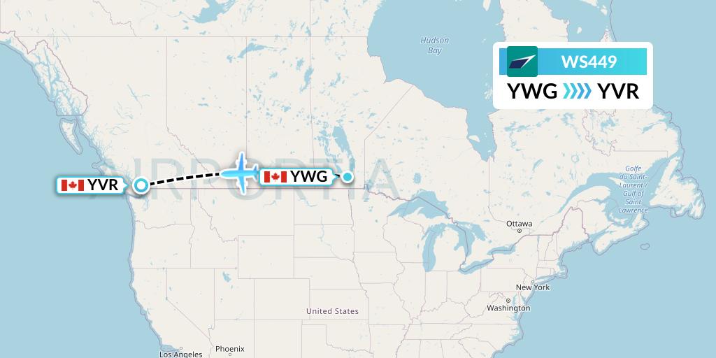 WS449 WestJet Flight Map: Winnipeg to Vancouver