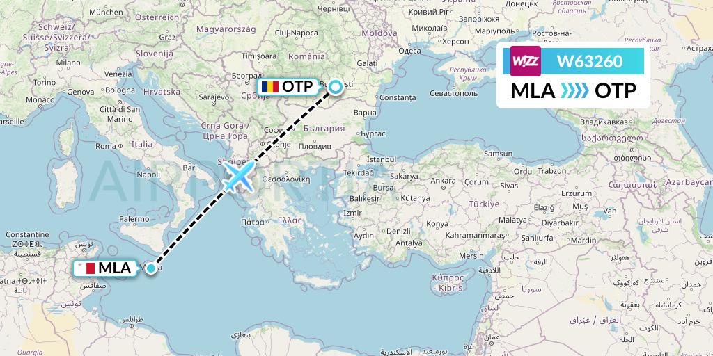 W63260 Wizz Air Flight Map: Malta to Bucharest