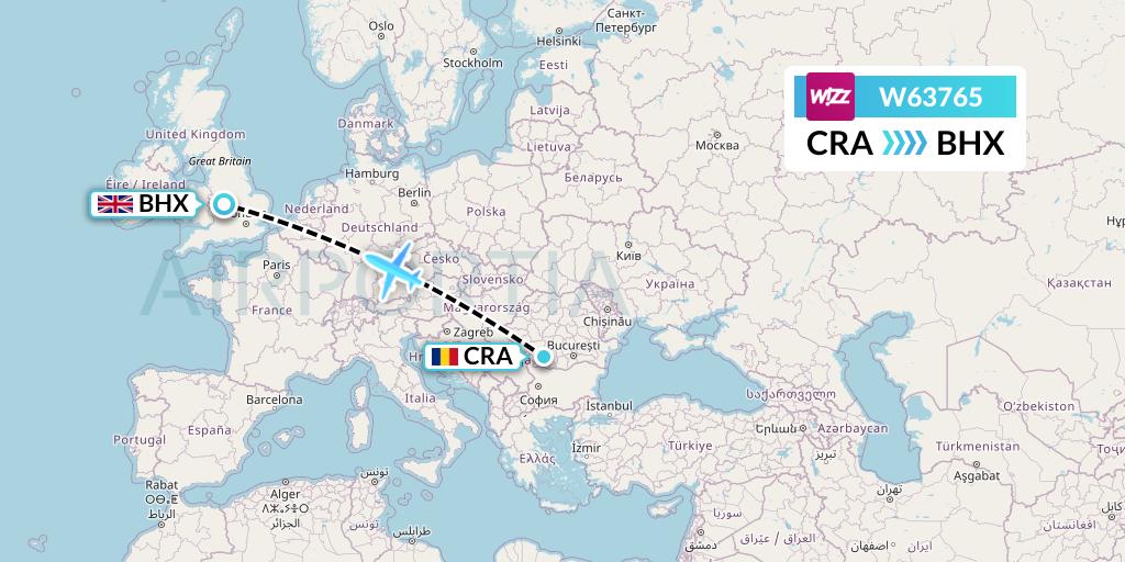 W63765 Wizz Air Flight Map: Craiova to Birmingham