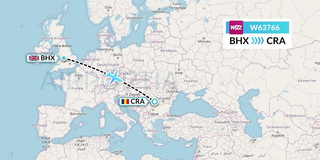 W63766 Wizz Air Flight Map: Birmingham to Craiova