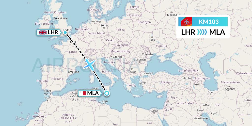 KM103 Air Malta Flight Map: London to Malta