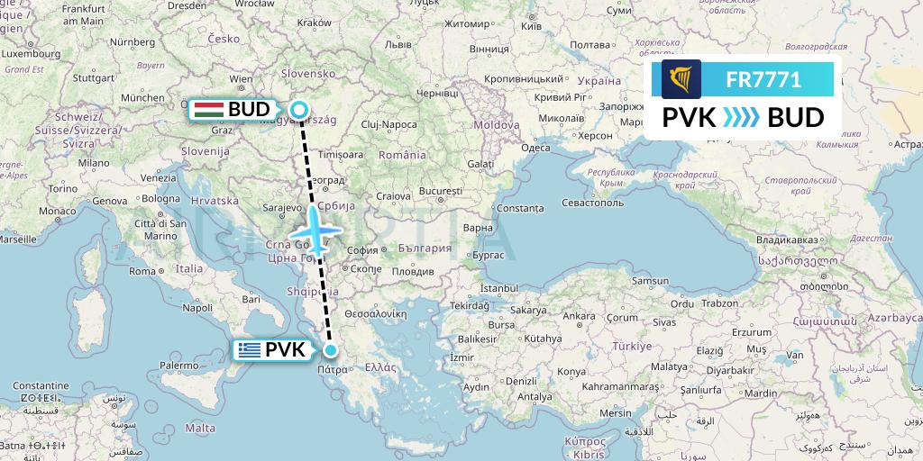 FR7771 Ryanair Flight Map: Preveza to Budapest