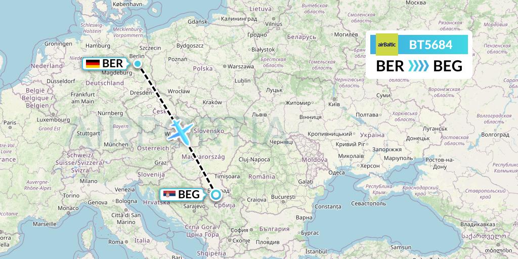 BT5684 Air Baltic Flight Map: Berlin to Belgrade