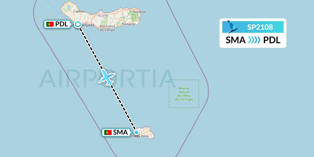 SP2108 SATA Air Acores Flight Map: Santa Maria to Ponta Delgada