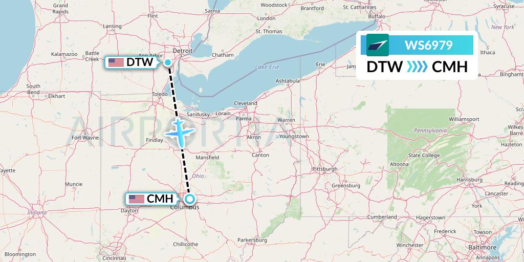 WS6979 WestJet Flight Map: Detroit to Columbus