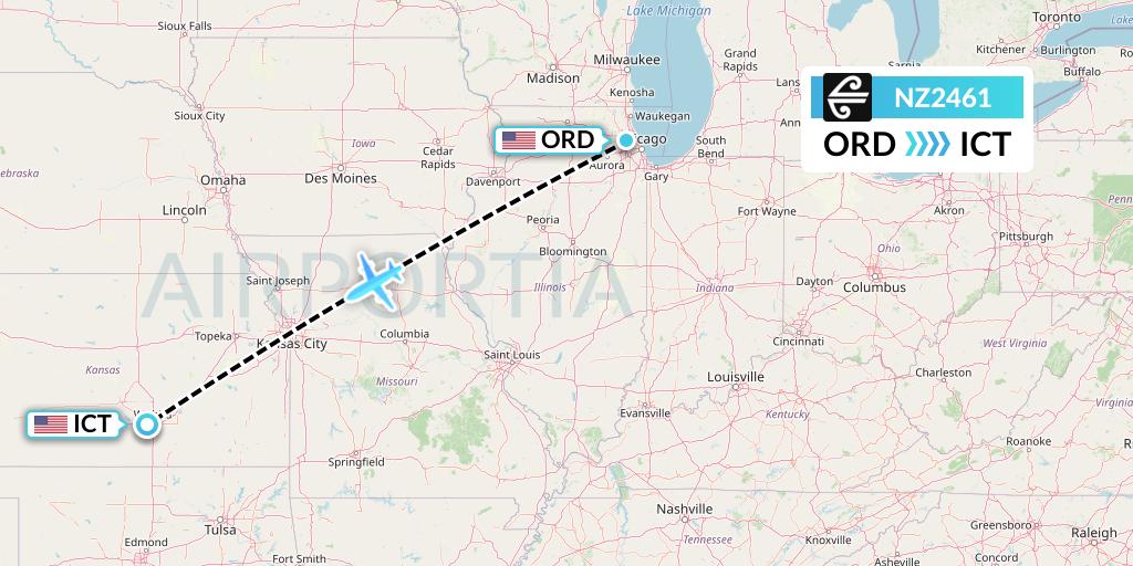 NZ2461 Air New Zealand Flight Map: Chicago to Wichita