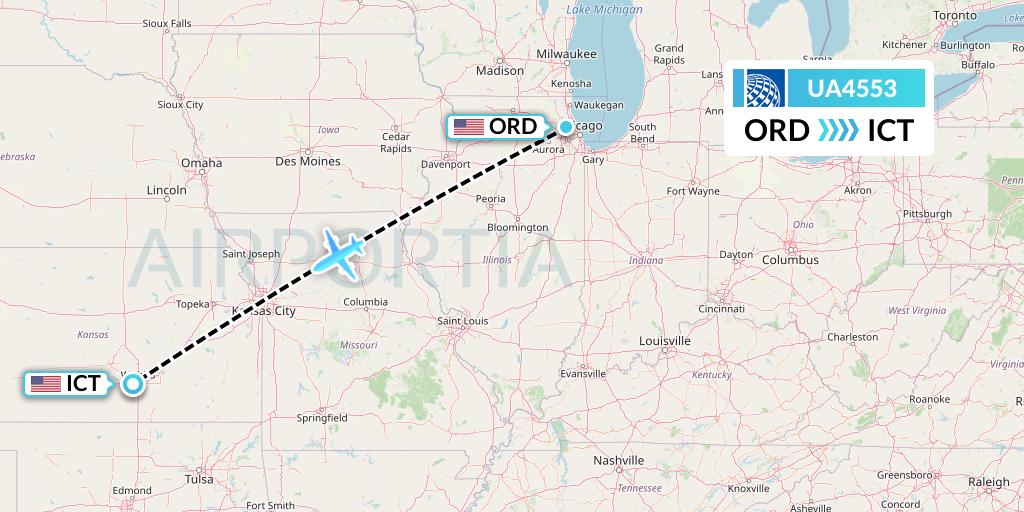 UA4553 United Airlines Flight Map: Chicago to Wichita