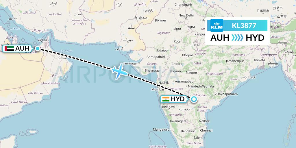 KL3877 KLM Flight Map: Abu Dhabi to Hyderabad
