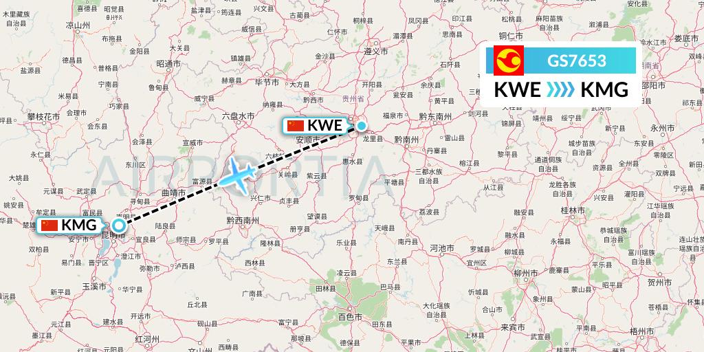 GS7653 Tianjin Airlines Flight Map: Guiyang to Kunming