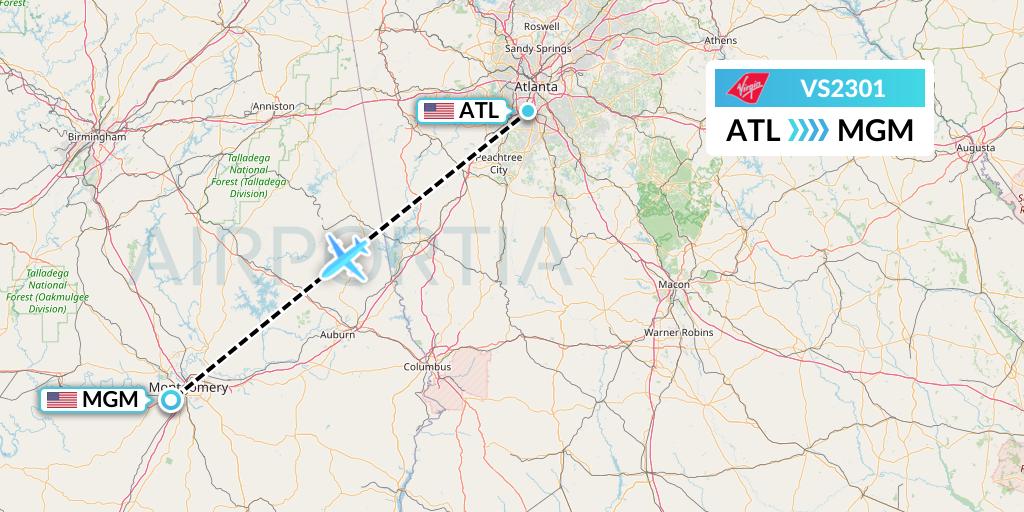 VS2301 Virgin Atlantic Airways Flight Map: Atlanta to Montgomery