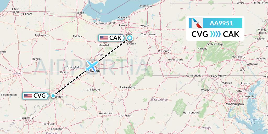 AA9951 American Airlines Flight Map: Cincinnati to Akron