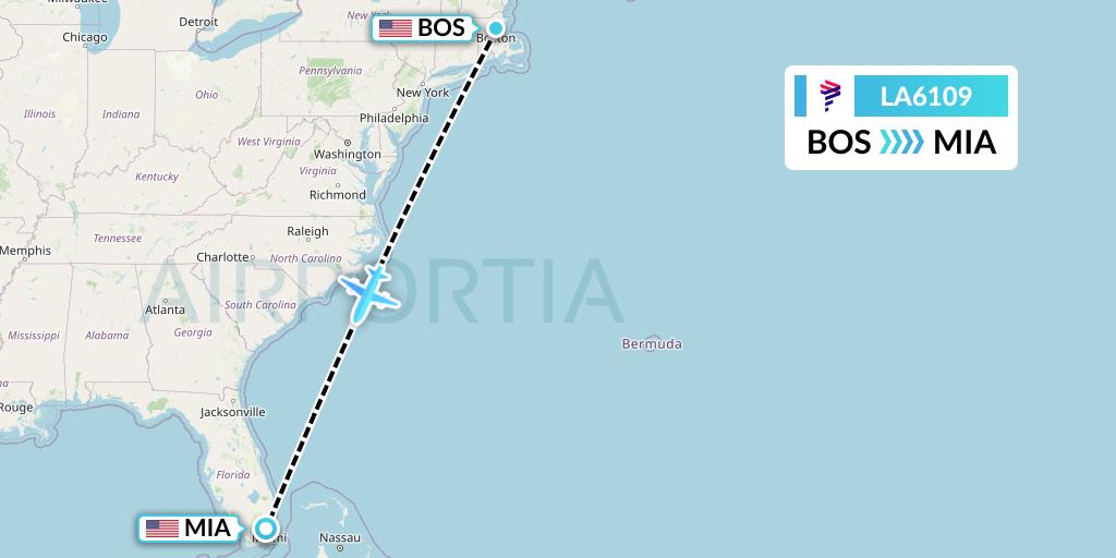 LA6109 LAN Airlines Flight Map: Boston to Miami