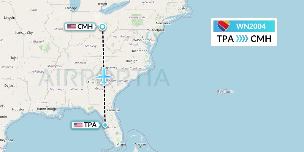 WN2004 Southwest Airlines Flight Map: Tampa to Columbus