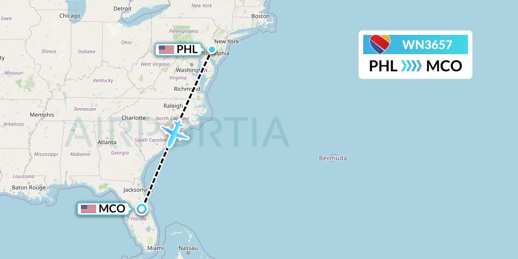 WN3657 Southwest Airlines Flight Map: Philadelphia to Orlando