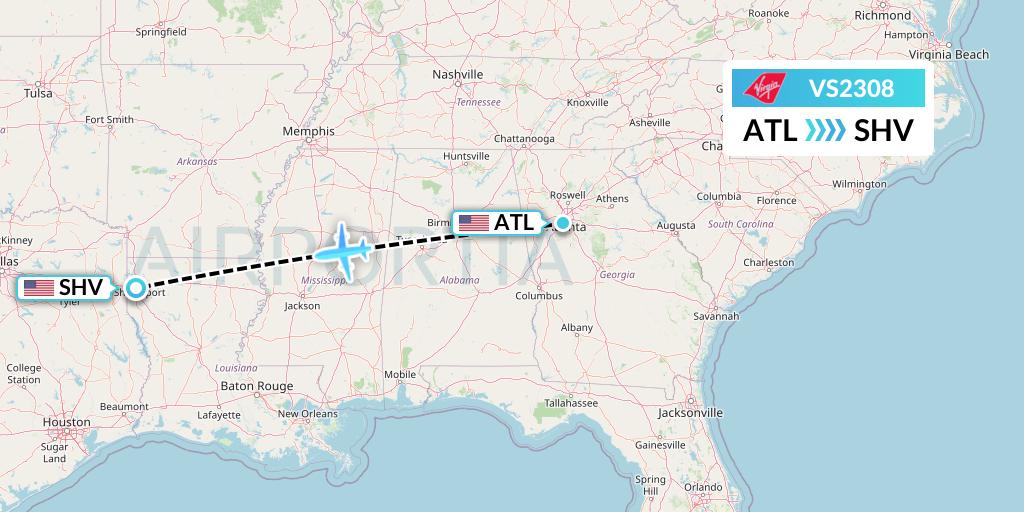 VS2308 Virgin Atlantic Airways Flight Map: Atlanta to Shreveport