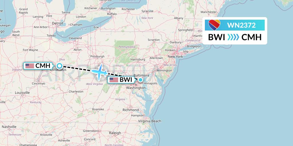WN2372 Southwest Airlines Flight Map: Baltimore to Columbus